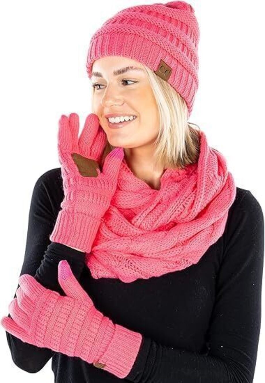 6614 Matching 3 Pack Beanie, Glove, & Scarf Bundle: Candy Pink